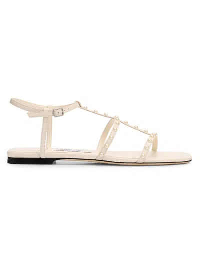 Jimmy Choo Women's Riviera Gwyn Imitation Pearl-embellished Leather T-strap Sandals In Neutral