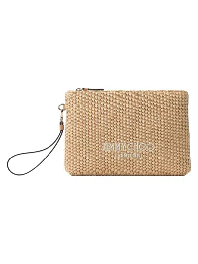 Jimmy Choo Women's Riviera Zip Flat Raffia Pouch In Brown