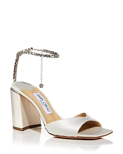 Jimmy Choo Saeda Sandal Block Heel 85 In Ivory/crystal