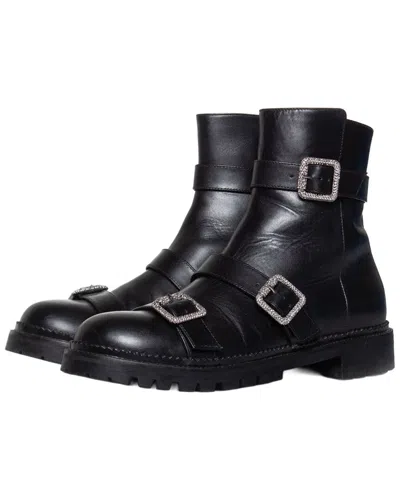 Pre-owned Jimmy Choo Women's Sheep Leather Hank Flat Jewel Buckle Bootie (authentic Pre-loved) In Black
