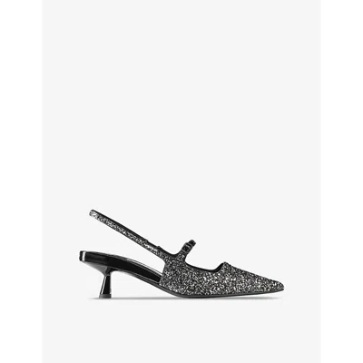 JIMMY CHOO WOMENS SILVER/BLACK/BLACK DIDI 45 GLITTER-EMBELLISHED PATENT-LEATHER HEELED SLINGBACKS