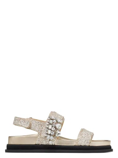 JIMMY CHOO WOMEN'S VERITY GLITTERED FLAT SANDALS WITH CRYSTAL EMBELLISHMENT