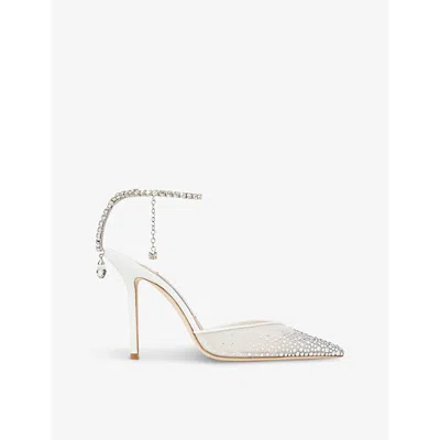 JIMMY CHOO WOMENS SAEDA 100 CRYSTAL-EMBELLISHED MESH HEELED COURTS WHITE/CRYSTAL EUR 39 / 6 UK
