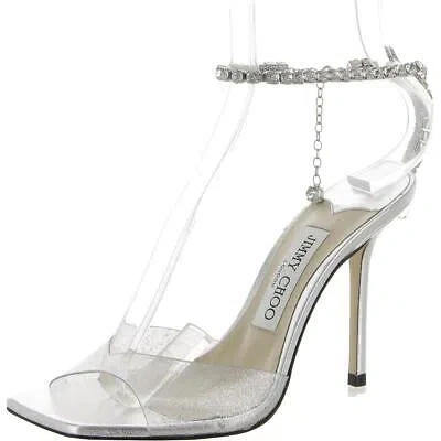 Pre-owned Jimmy Choo Womens Ankle Strap Open Toe Dressy Heels Shoes Bhfo 2285 In Silver/crystal