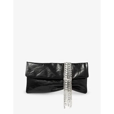 JIMMY CHOO WOMENS BLACK/SILVER ZANDRA CRYSTAL-EMBELLISHED METALLIC-LEATHER CLUTCH BAG
