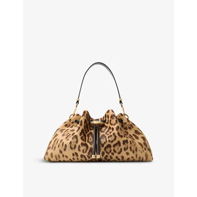 JIMMY CHOO WOMENS NATURAL/GOLD CINCH LEOPARD-PRINT MEDIUM SUEDE SHOULDER BAG
