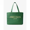 Jimmy Choo Logo Embroidered Woven Tote Bag In Darkgreen/gld/lgtgld