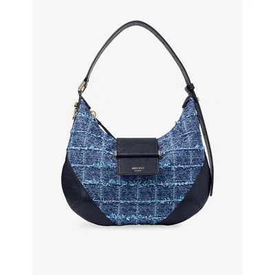 Jimmy Choo Womens Denim Grid/marine Bar Hobo Medium Crosshatch Denim Shoulder Bag In Blue