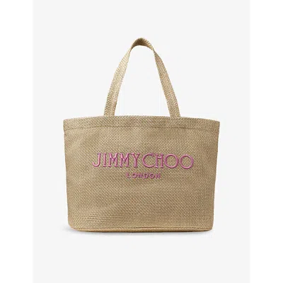 JIMMY CHOO WOMENS GLD/FUCHSIA/LIGHTGLD LONDON LOGO-EMBROIDERED RAFFIA BEACH TOTE BAG
