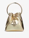 Jimmy Choo Shiny Mirror-effect Bon Bon Bag With Chain Drawstring And Metal Handle In Gold
