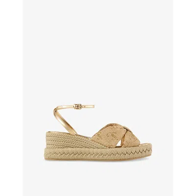 Jimmy Choo Aella 60 Raffia-jacquard And Leather Wedge Sandals In Gold Mix