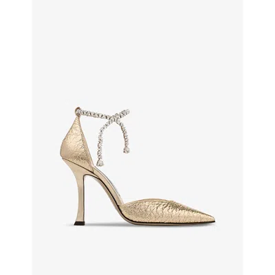 JIMMY CHOO WOMENS JIMMY CHOO STEVIE 100 CRYSTAL-EMBELLISHED METALLIC-LEATHER HEELED COURTS