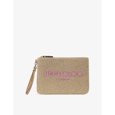 JIMMY CHOO WOMENS GOLD/FUCHSIA/LIGHTGD ZIP-TOP LOGO-EMBROIDERED METALLIC RAFFIA POUCH