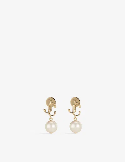 Jimmy Choo Womens Gold Jc Logo-embellished Gold-toned Brass And Pearl Earrings In Gold/white