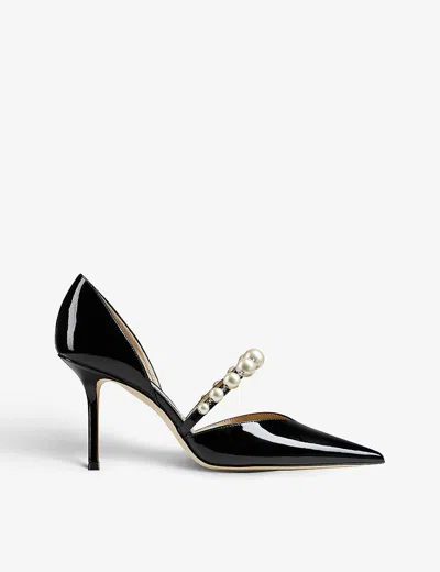 JIMMY CHOO WOMENS BLACK/WHITE AURELIE 85 PEARL-EMBELLISHED PATENT-LEATHER COURTS EUR 36.5 / 3.5 UK,56698122