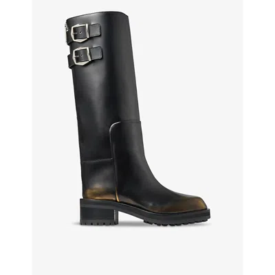 JIMMY CHOO WOMENS BLACK/GOLD BROOKLYN BUCKLE-EMBELLISHED HEELED BRUSHED-LEATHER KNEE-HIGH BOOTS EUR 36 / 3 UK