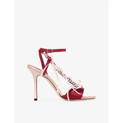 JIMMY CHOO WOMENS MACARON/RUBY RED LULA 100 CRYSTAL-EMBELLISHED SATIN HEELED SANDALS EUR 38.5 / 5.5 UK