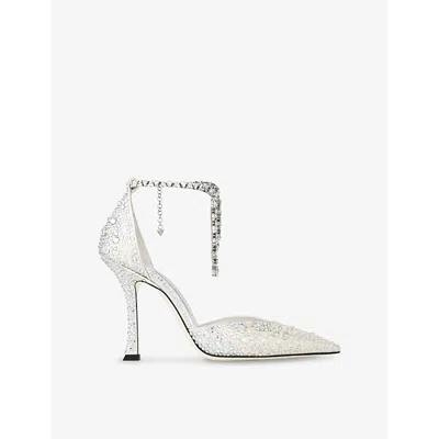 JIMMY CHOO WOMENS JIMMY CHOO STEVIE 100 CRYSTAL-EMBELLISHED SATIN HEELED COURTS