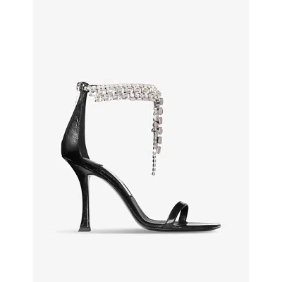 JIMMY CHOO WOMENS BLACK VERITY 100 CRYSTAL-EMBELLISHED METALLIC-LEATHER HEELED SANDALS EUR 38/5 UK