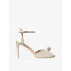 Jimmy Choo Womens Sacora 85 Glitter Leather Heeled Sandals Light Soft Gold/crys Eur 41 / 8 Uk In Animal Print