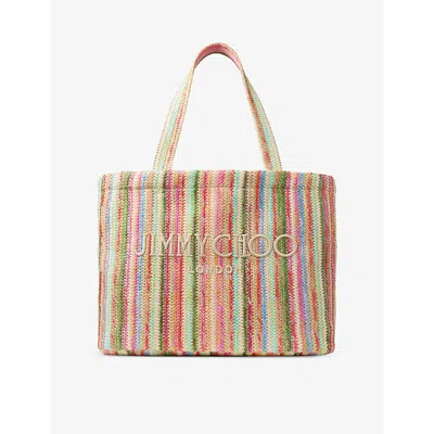 Jimmy Choo Beach Medium Striped Raffia Tote Bag In Multi/ecru/lightgold