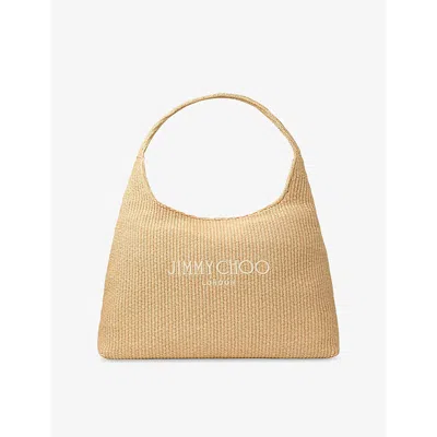 Jimmy Choo Womens  Beach Diamond Logo-embroidered Hobo Raffia Bag In Natural/latte