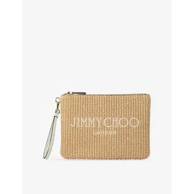 JIMMY CHOO WOMENS NATURAL/LATTE ZIP-TOP LOGO-EMBROIDERED RAFFIA POUCH