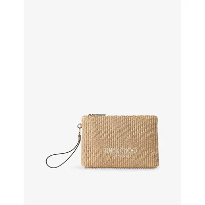 Jimmy Choo Womens Natural/latte Zipped Flat Embroidered-logo Raffia Pouch