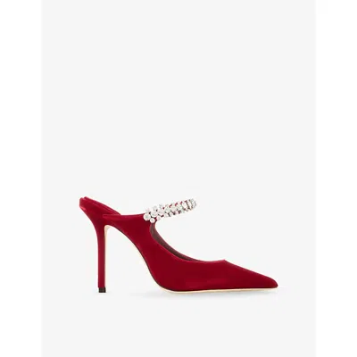 Jimmy Choo Womens Bing 100 Embellished Velvet Mules Ruby Red Eur 39.5 / 6.5 Uk In Burgundy
