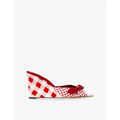 JIMMY CHOO WOMENS RUBY RED MIX LIVI 85 WEDGE GINGHAM WOVEN HEELS EUR 37.5 / 4.5 UK