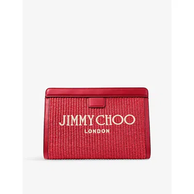 Jimmy Choo Womens  Avenue Embroidered-logo Raffia And Leather Pouch