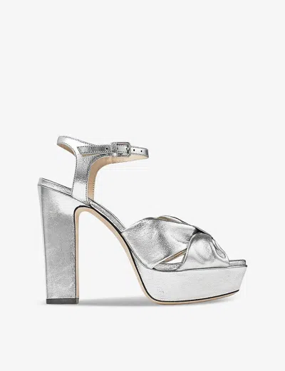 JIMMY CHOO WOMENS SILVER HELOISE 120 BOW-EMBELLISHED LEATHER PLATFORM-HEELED SANDALS EUR 38/5 UK