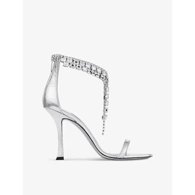 JIMMY CHOO WOMENS VERITY 100 CRYSTAL-EMBELLISHED METALLIC-LEATHER HEELED SANDALS SILVER EUR 38.5 / 5.5 UK