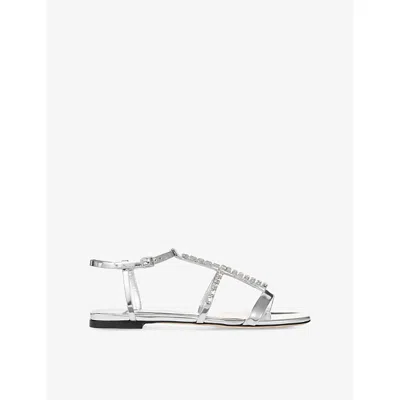 JIMMY CHOO WOMENS GWYN CRYSTAL-EMBELLISHED FLAT LEATHER SANDALS SILVER/CRYSTAL EUR 40 / 7 UK