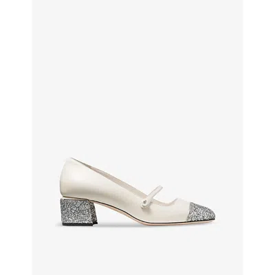 Jimmy Choo Elisa 45 Pearl-embellished Patent-leather Heeled Courts In Silver/latte