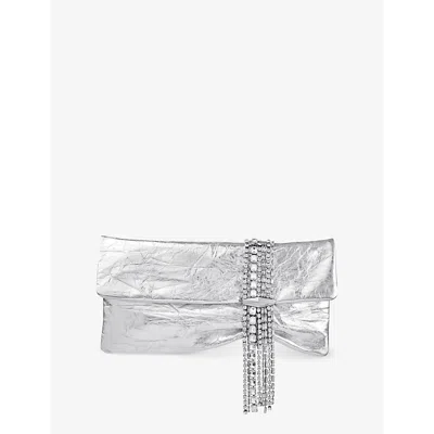 JIMMY CHOO WOMENS SILVER/SILVER ZANDRA CRYSTAL-EMBELLISHED METALLIC-LEATHER CLUTCH BAG