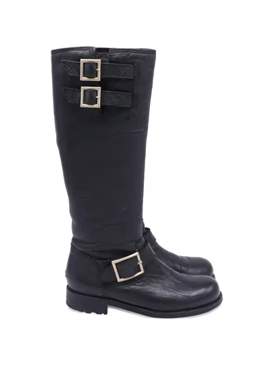 Pre-owned Jimmy Choo Wrinkled Buckle Biker Knee-high Boots In Black