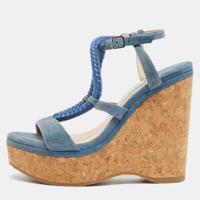 Pre-owned Jimmy Choo Wynwood Size 38 Blue Suede Wedge Sandals