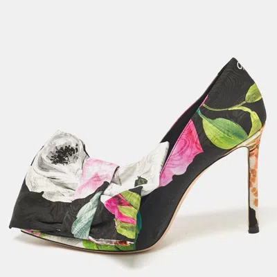 Pre-owned Jimmy Choo X Off-white Black Floral Print Fabric Mary Bow Pumps Size 38