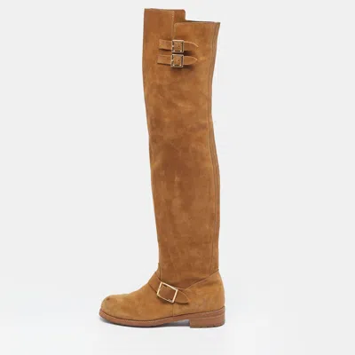 Pre-owned Jimmy Choo Yearn Buckle Size 40 Tan Suede Over The Knee Boots In Brown