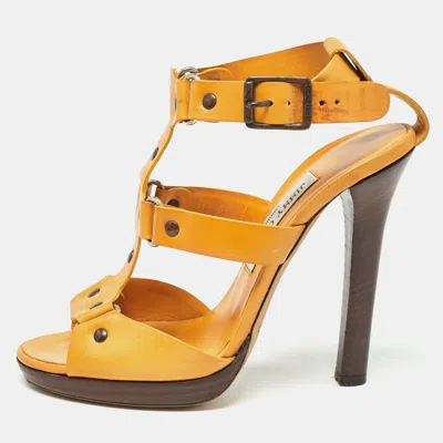 Pre-owned Jimmy Choo Yellow Leather Studded Ankle Strap Sandals Size 37