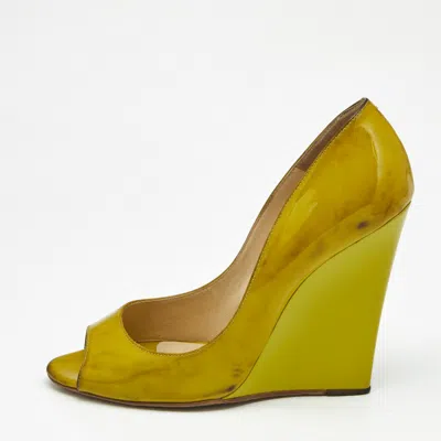Pre-owned Jimmy Choo Yellow Patent Leather Bello Peep Toe Wedge Pumps Size 38 In Green