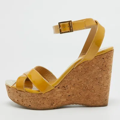 Jimmy Choo Yellow Patent Leather Cork Wedge Ankle Strap Sandals In Orange