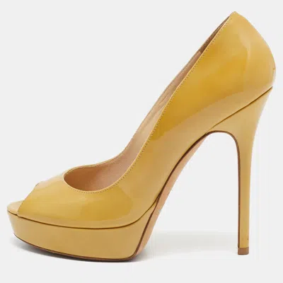 Pre-owned Jimmy Choo Yellow Patent Leather Crown Platform Peep Toe Pumps Size 37.5