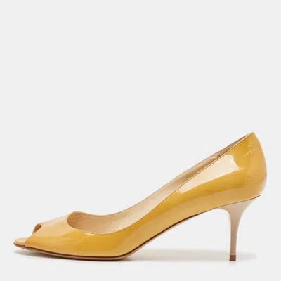 Jimmy Choo Yellow Patent Leather Evelyn Peep Toe Pumps In Beige