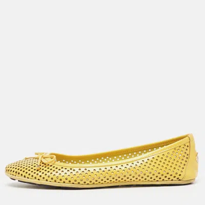 Pre-owned Jimmy Choo Yellow Perforated Patent Leather Walsh Bow Ballet Flats Size 37