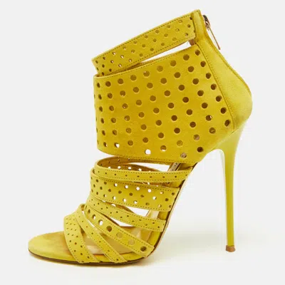 Pre-owned Jimmy Choo Yellow Perforated Suede Strappy Gladiator Sandals Size 38