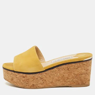 Pre-owned Jimmy Choo Yellow Suede Cork Wedge Platform Slide Sandals Size 37.5
