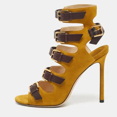 Pre-owned Jimmy Choo Yellow/brown Suede And Leather Trick Caged Sandals Size 39