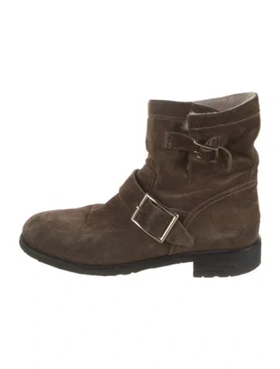 Pre-owned Jimmy Choo Youth Suede Moto Boots In Brown